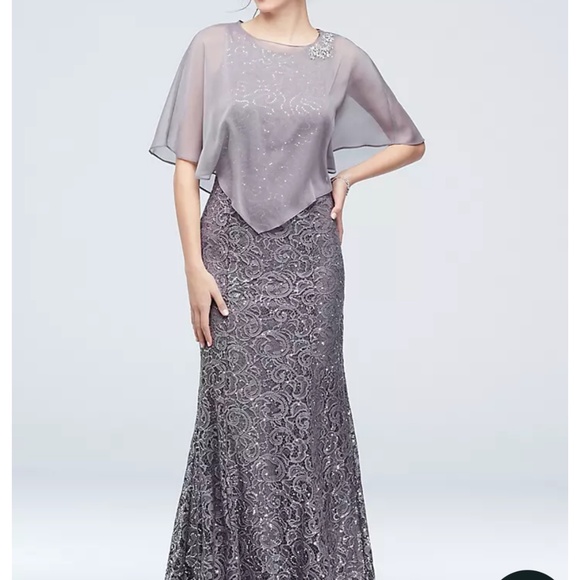 Ignite Sequin Lace Tank Dress with Flutter Sleeve Capelet - Picture 1 of 9